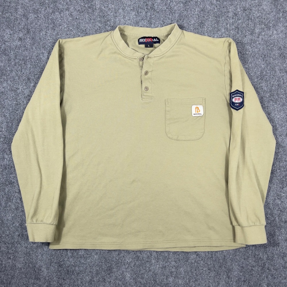 Bocomal Henley Shirt Mens Large Tan FR Flame Resistant CAT2 Long Sleeve Pocket